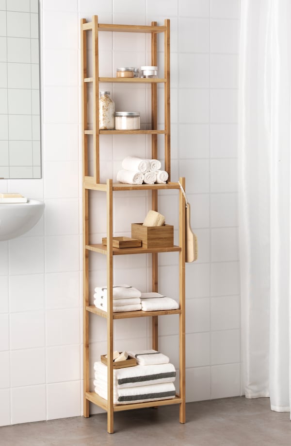 A bamboo RÅGRUND shelving unit